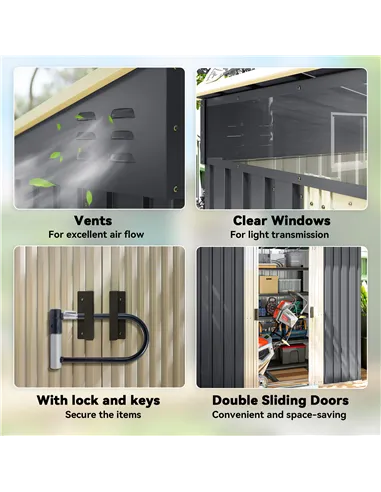 Outsunny 6.5 x 4FT Galvanised Metal Shed with Foundation Kit, Lockable Tool Garden Shed with Double Sliding Doors, Vents, Grey