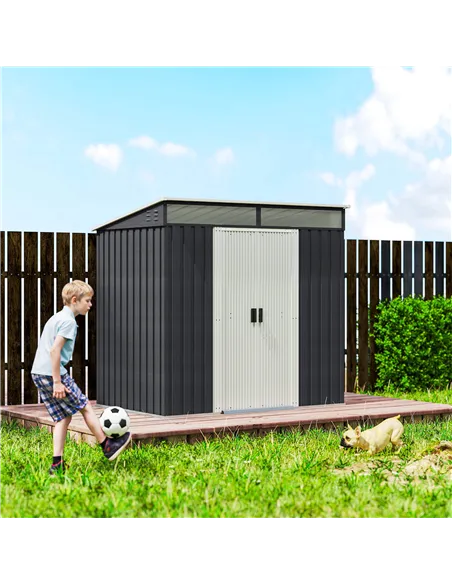 Outsunny 6.5 x 4FT Galvanised Metal Shed with Foundation Kit, Lockable Tool Garden Shed with Double Sliding Doors, Vents, Grey
