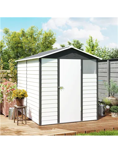 Outsunny 9x 6FT Metal Outdoor Garden Shed, Galvanised Tool Storage Shed w/ Sloped Roof, Lockable Door for Patio Lawn, Dark Grey