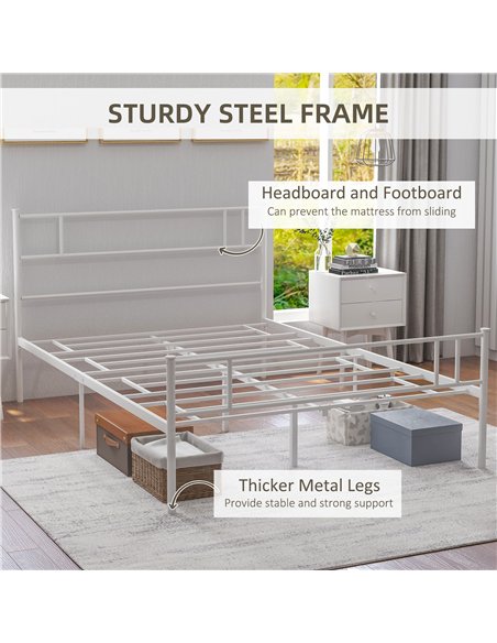 HOMCOM Double Metal Bed Frame Solid Bedstead Base with Headboard and Footboard, Metal Slat Support and Underbed Storage Space, B