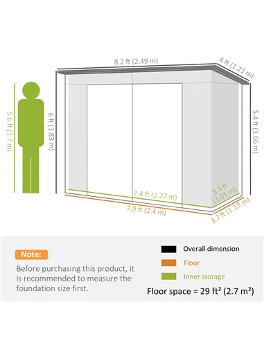 Outsunny 3.7 x 7.9ft Galvanised Steel Shed, with Latched Door and Padlock - Green