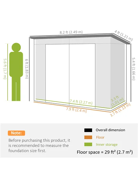 Outsunny 3.7 x 7.9ft Galvanised Steel Shed, with Latched Door and Padlock - Green