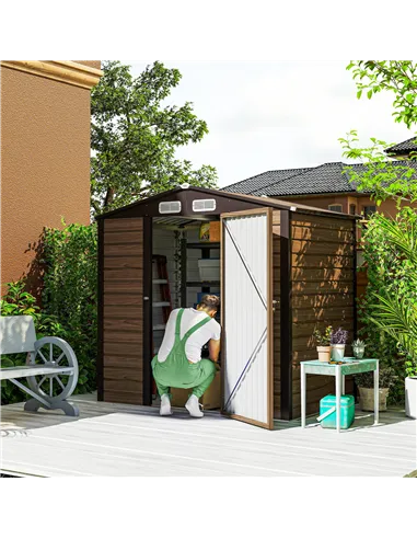 Outsunny 4 x 6ft Galvanised Steel Garden Shed, with Lock and Gloves - Oak
