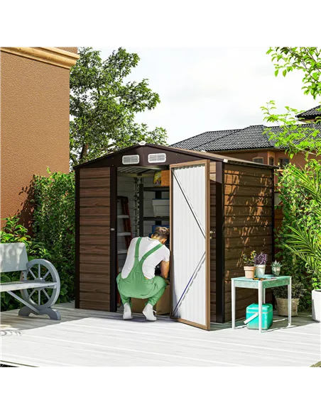 Outsunny 4 x 6ft Galvanised Steel Garden Shed, with Lock and Gloves - Oak