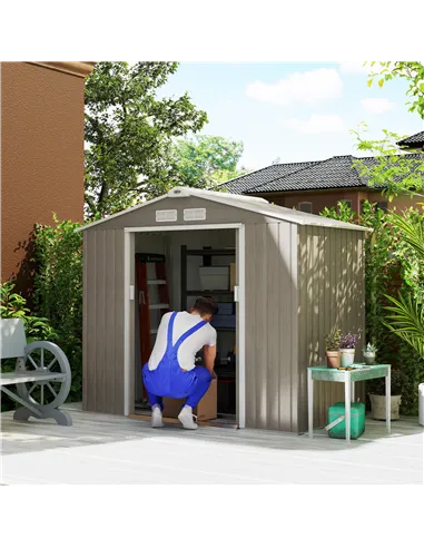 Outsunny 7 x 4ft Metal Garden Storage Shed with Vents, Floor Foundation Kit and Lockable Double Doors, Light Brown