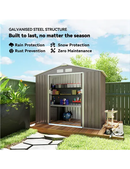 Outsunny 7 x 4ft Metal Garden Storage Shed with Vents, Floor Foundation Kit and Lockable Double Doors, Light Brown