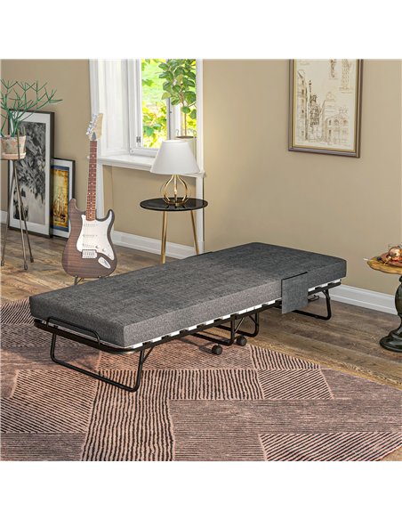HOMCOM Single Steel Frame Folding Bed, with Wheels - Black/Grey