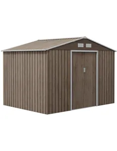 Outsunny 9 x 6ft Steel Garden Shed, Outdoor Storage Tool House with Vents, Foundation and Lockable Double Doors, Brown