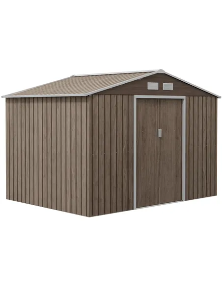 Outsunny 9 x 6ft Steel Garden Shed, Outdoor Storage Tool House with Vents, Foundation and Lockable Double Doors, Brown