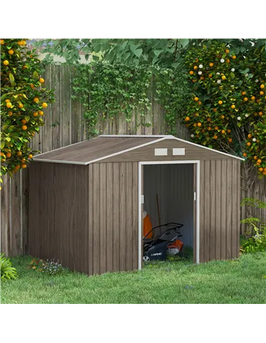 Outsunny 9 x 6ft Steel Garden Shed, Outdoor Storage Tool House with Vents, Foundation and Lockable Double Doors, Brown