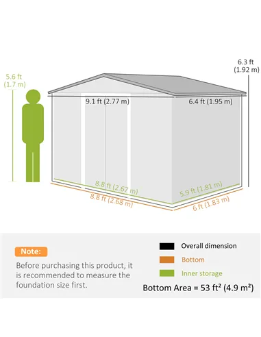 Outsunny 9 x 6ft Steel Garden Shed, Outdoor Storage Tool House with Vents, Foundation and Lockable Double Doors, Brown
