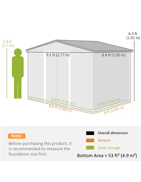 Outsunny 9 x 6ft Steel Garden Shed, Outdoor Storage Tool House with Vents, Foundation and Lockable Double Doors, Brown