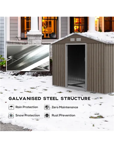 Outsunny 9 x 6ft Steel Garden Shed, Outdoor Storage Tool House with Vents, Foundation and Lockable Double Doors, Brown