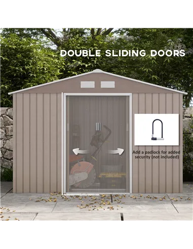 Outsunny 9 x 6ft Steel Garden Shed, Outdoor Storage Tool House with Vents, Foundation and Lockable Double Doors, Brown