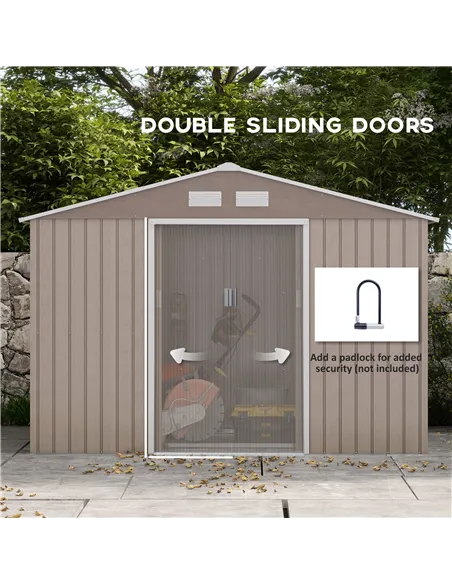 Outsunny 9 x 6ft Steel Garden Shed, Outdoor Storage Tool House with Vents, Foundation and Lockable Double Doors, Brown