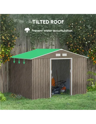 Outsunny 9 x 6ft Steel Garden Shed, Outdoor Storage Tool House with Vents, Foundation and Lockable Double Doors, Brown