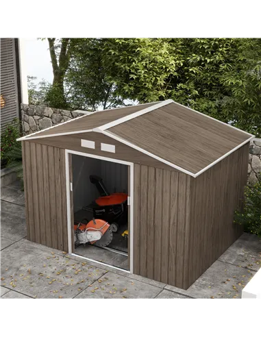 Outsunny 9 x 6ft Steel Garden Shed, Outdoor Storage Tool House with Vents, Foundation and Lockable Double Doors, Brown