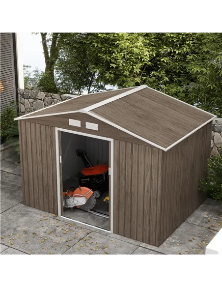 Outsunny 9 x 6ft Steel Garden Shed, Outdoor Storage Tool House with Vents, Foundation and Lockable Double Doors, Brown