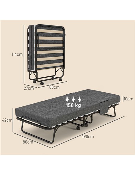 HOMCOM Single Steel Frame Folding Bed, with Wheels - Black/Grey