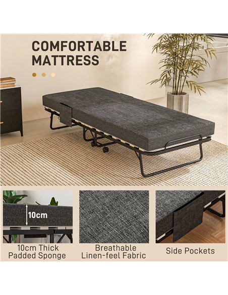 HOMCOM Single Steel Frame Folding Bed, with Wheels - Black/Grey
