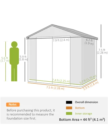 Outsunny 7.9ft x 6.2ft Aluminium Frame and Plastic Wall Shed, with Foundation - Grey