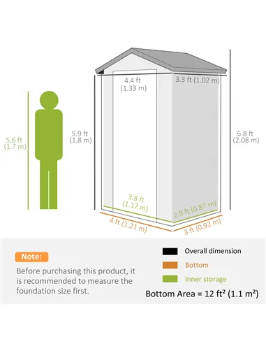 Outsunny 4.4ft x 3.3ft size Aluminium Frame and Plastic Wall Shed, with Foundation - Grey