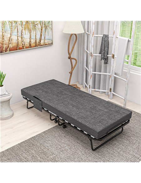 HOMCOM Single Steel Frame Folding Bed, with Wheels - Black/Grey