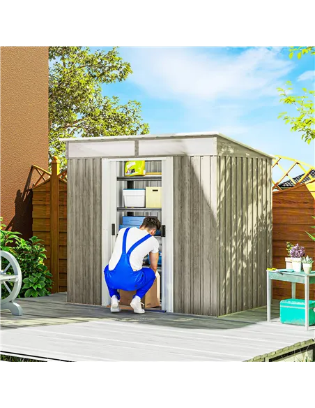 Outsunny 6.5 x 4FT Galvanised Metal Shed with Foundation Kit, Lockable Tool Garden Shed with Double Sliding Doors, Vents, Light 