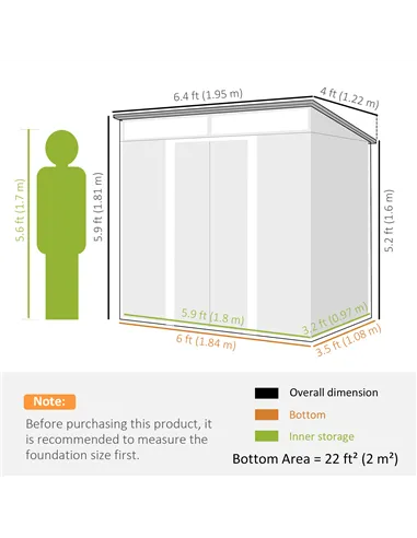 Outsunny 6.5 x 4FT Galvanised Metal Shed with Foundation Kit, Lockable Tool Garden Shed with Double Sliding Doors, Vents, Light 