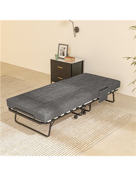 HOMCOM Single Steel Frame Folding Bed, with Wheels - Black/Grey