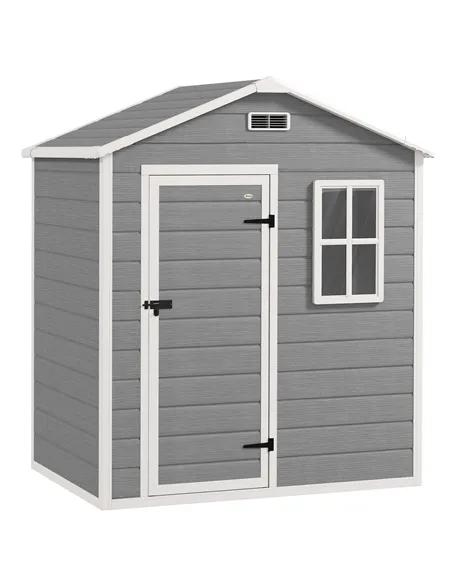 Outsunny 6 x 4ft Garden Shed, Plastic Shed with Floor, Window, Lockable Door and Vents, Wood Effect Resin Tool Shed for Outdoor,