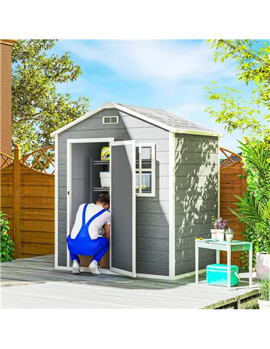 Outsunny 6 x 4ft Garden Shed, Plastic Shed with Floor, Window, Lockable Door and Vents, Wood Effect Resin Tool Shed for Outdoor,