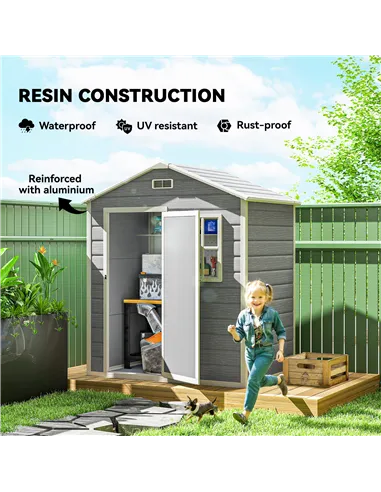 Outsunny 6 x 4ft Garden Shed, Plastic Shed with Floor, Window, Lockable Door and Vents, Wood Effect Resin Tool Shed for Outdoor,