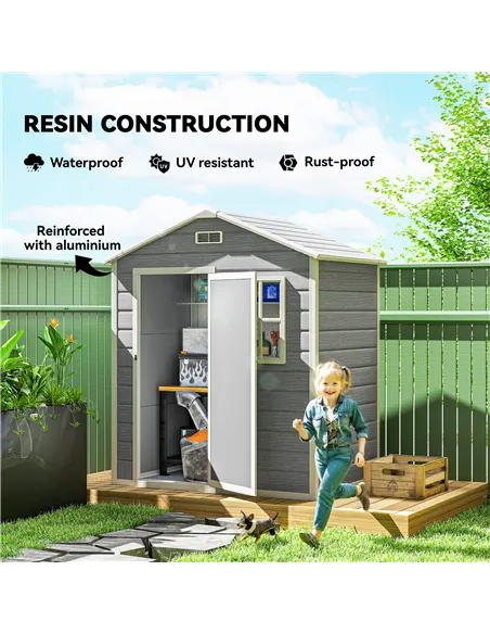 Outsunny 6 x 4ft Garden Shed, Plastic Shed with Floor, Window, Lockable Door and Vents, Wood Effect Resin Tool Shed for Outdoor,