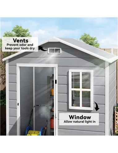 Outsunny 6 x 4ft Garden Shed, Plastic Shed with Floor, Window, Lockable Door and Vents, Wood Effect Resin Tool Shed for Outdoor,