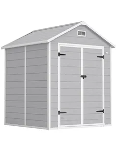 Outsunny 6 x 5ft Garden Shed, Plastic Shed with Floor, Window, Lockable Doors and Vents, Wood Effect Resin Tool Shed for Outdoor