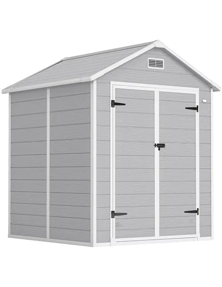 Outsunny 6 x 5ft Garden Shed, Plastic Shed with Floor, Window, Lockable Doors and Vents, Wood Effect Resin Tool Shed for Outdoor