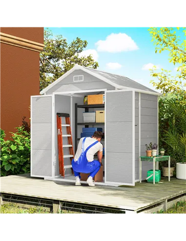 Outsunny 6 x 5ft Garden Shed, Plastic Shed with Floor, Window, Lockable Doors and Vents, Wood Effect Resin Tool Shed for Outdoor