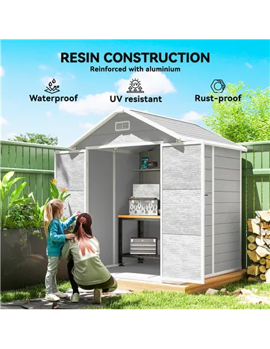 Outsunny 6 x 5ft Garden Shed, Plastic Shed with Floor, Window, Lockable Doors and Vents, Wood Effect Resin Tool Shed for Outdoor