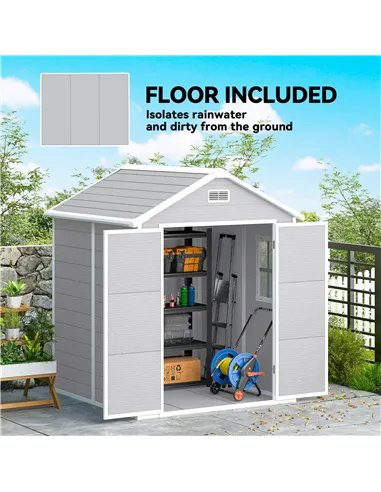 Outsunny 6 x 5ft Garden Shed, Plastic Shed with Floor, Window, Lockable Doors and Vents, Wood Effect Resin Tool Shed for Outdoor