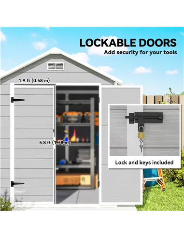 Outsunny 6 x 5ft Garden Shed, Plastic Shed with Floor, Window, Lockable Doors and Vents, Wood Effect Resin Tool Shed for Outdoor