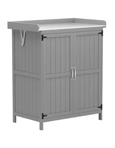 Outsunny Wooden Garden Shed, Garden Tool Storage Shed with Hinged Roof and Shelf, Outdoor Storage Cabinet with Double Doors, Gre
