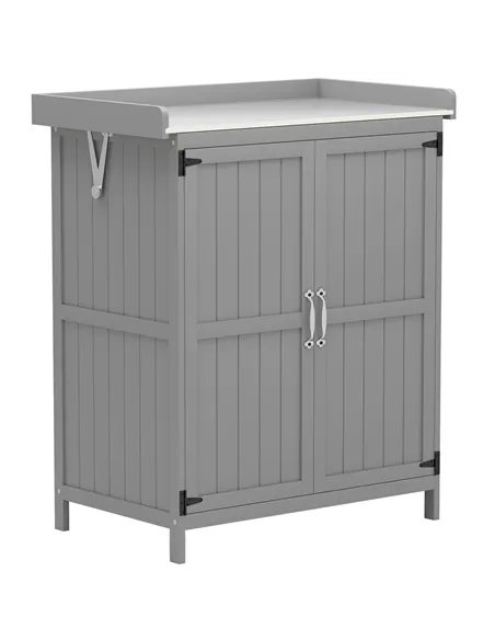 Outsunny Wooden Garden Shed, Garden Tool Storage Shed with Hinged Roof and Shelf, Outdoor Storage Cabinet with Double Doors, Gre