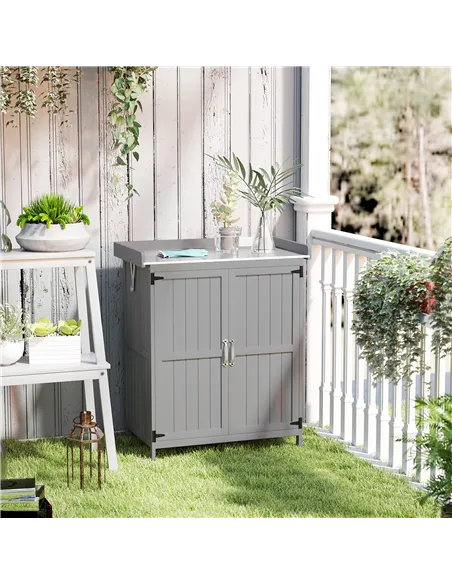 Outsunny Wooden Garden Shed, Garden Tool Storage Shed with Hinged Roof and Shelf, Outdoor Storage Cabinet with Double Doors, Gre