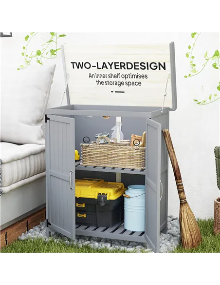 Outsunny Wooden Garden Shed, Garden Tool Storage Shed with Hinged Roof and Shelf, Outdoor Storage Cabinet with Double Doors, Gre