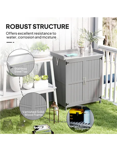 Outsunny Wooden Garden Shed, Garden Tool Storage Shed with Hinged Roof and Shelf, Outdoor Storage Cabinet with Double Doors, Gre