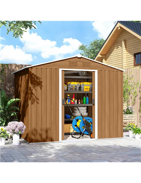 Outsunny 8 x 6ft Galvanised Steel Shed, with Double Door - Brown