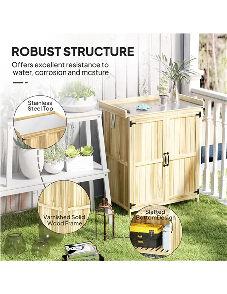 Outsunny 43 x 74cm Fir Wood Shed, with Metal Worktop - Natural Finish