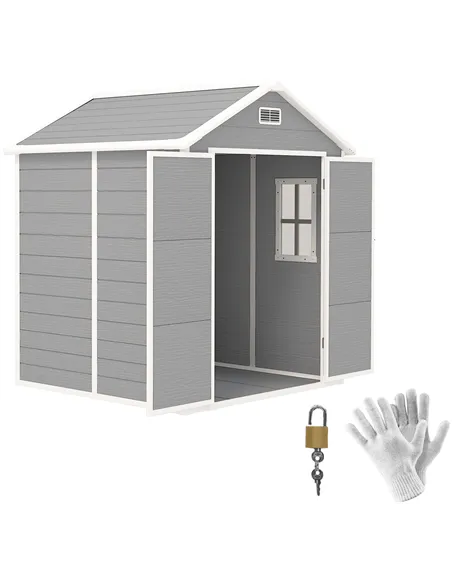 Outsunny 6 x 5ft Garden Shed, Plastic Shed with Floor, Window, Lockable Doors and Vents, Wood Effect Resin Tool Shed for Outdoor