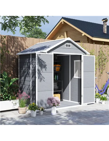 Outsunny 6 x 5ft Garden Shed, Plastic Shed with Floor, Window, Lockable Doors and Vents, Wood Effect Resin Tool Shed for Outdoor